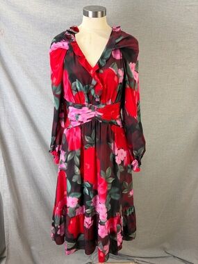 Ungaro 100% Silk Red Pink Floral Ruffle V-Neck Midi Dress Long Sleeve M